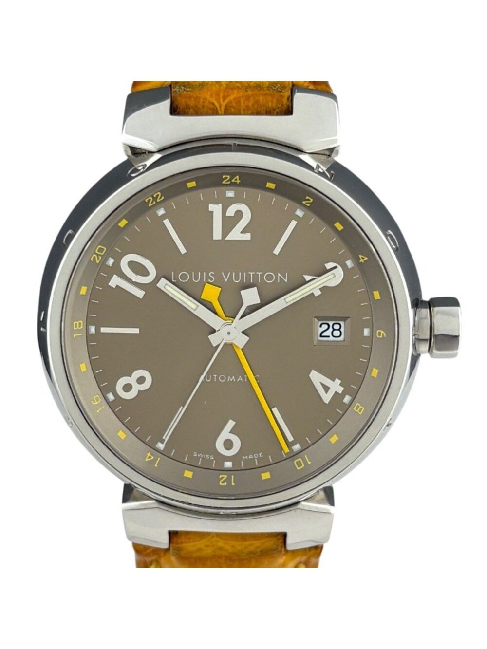 Louis Vuitton Tambour Watch SS Leather Automatic Brown